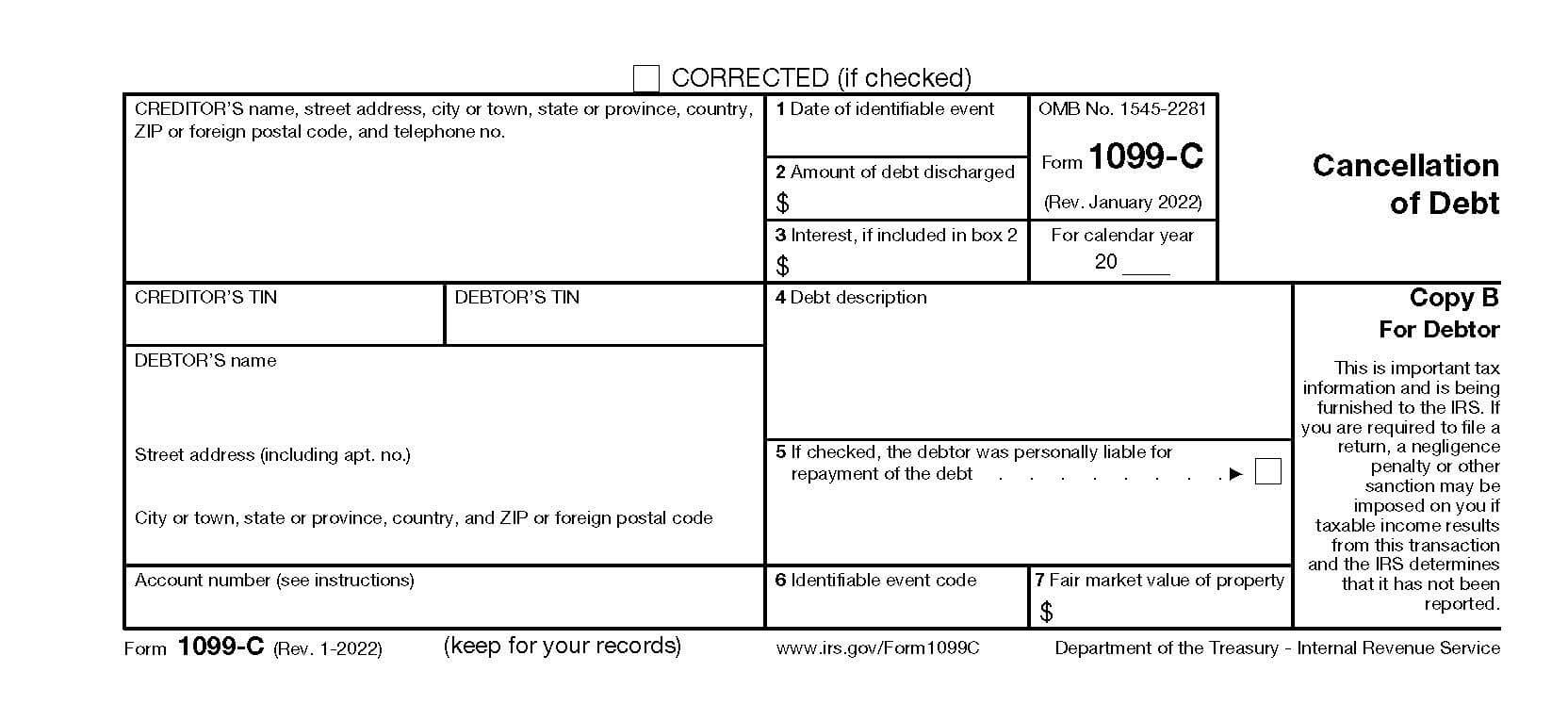 Ejemplo del formulario 1099-C del IRS