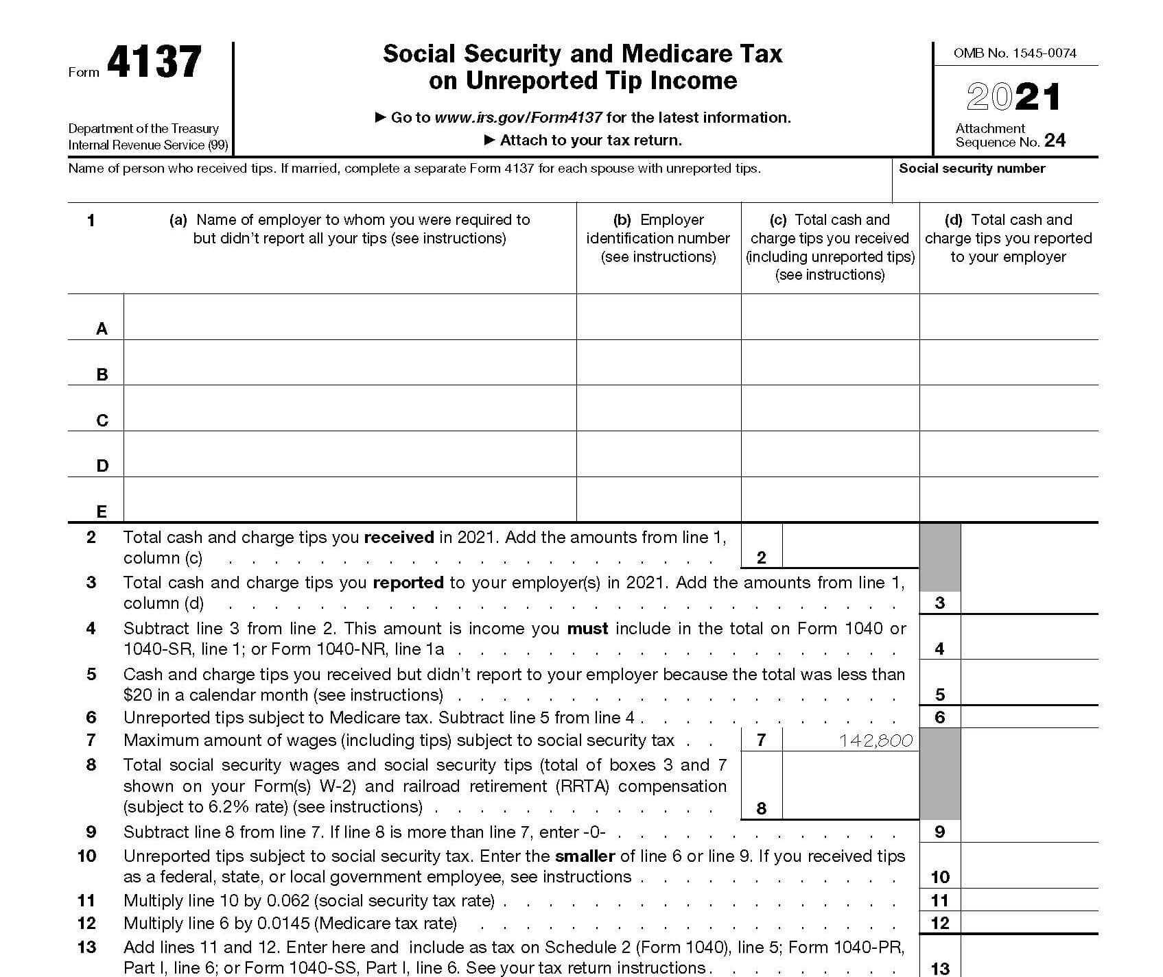 ejemplo del formulario 4137 del irs