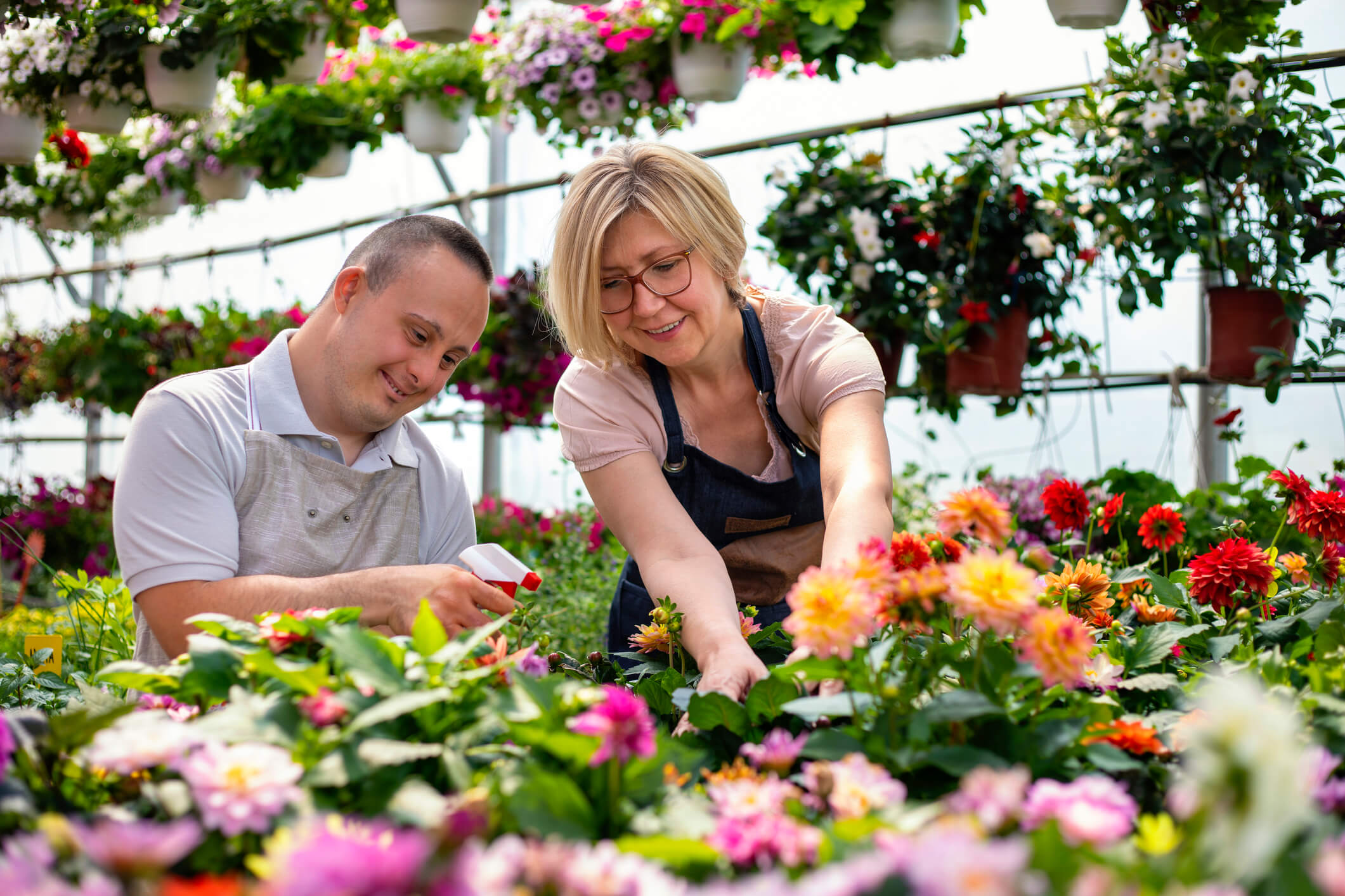 employer and employee working in a greenhouse