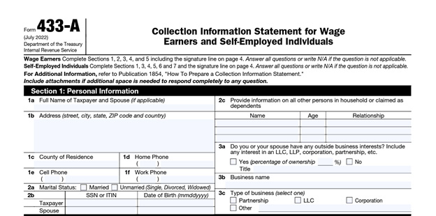 form 433-a personal information