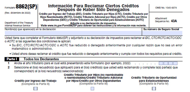 Formulario 8862 parte 1 - Información para reclamar ciertos créditos después de la desautorización