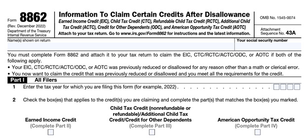 Form 8862 part1 - Information to claim certain credits after disallowance