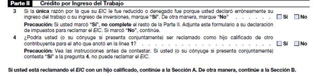 Formulario 8862 parte 2 - Crédito por ingreso del trabajo