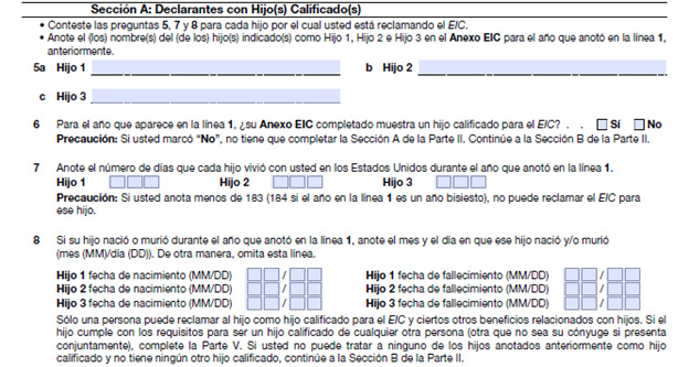 Formulario 8862 parte 2 sección A - Declarantes con hijo o hijos calificados