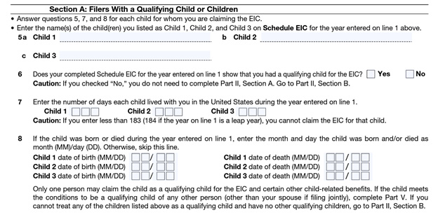 Form 8862 part2 section A - Filers with a qualifying child or children