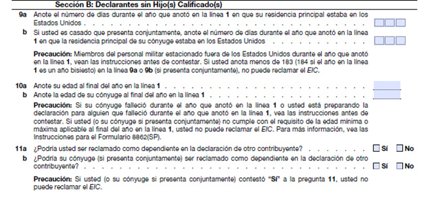 Formulario 8862 parte 2 sección B - Declarantes sin hijo calificado