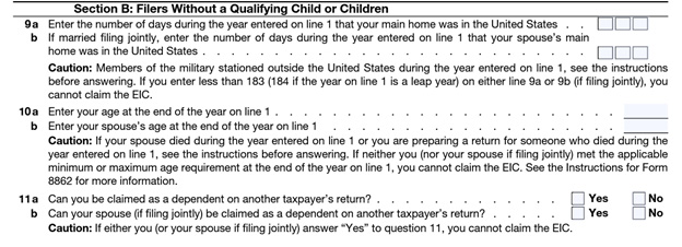 Form 8862 part2 section B - Filers without a qualifying child