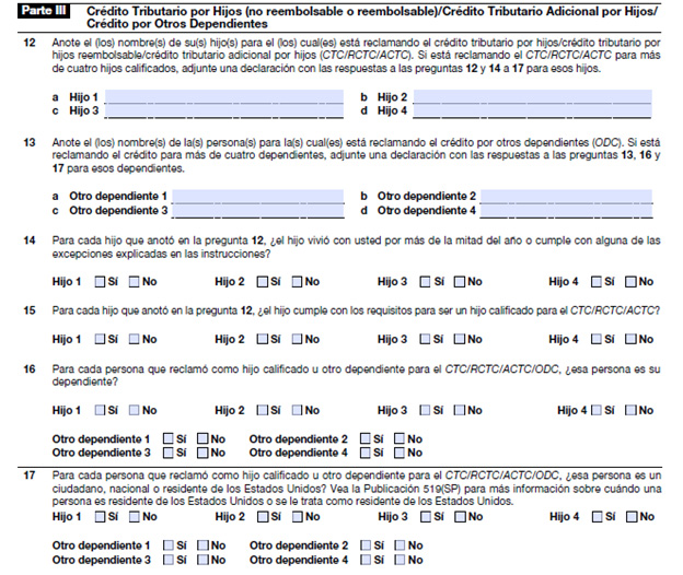 Formulario 8862 parte 3 - Crédito tributario por hijo