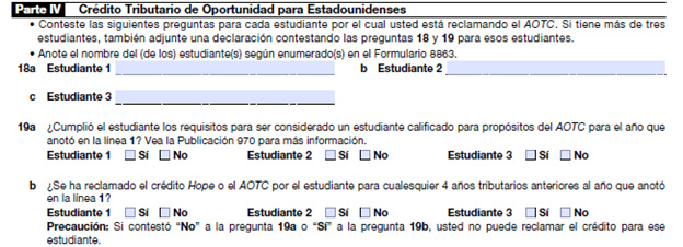 Formulario 8862 parte 4 - Crédito fiscal de oportunidad americana