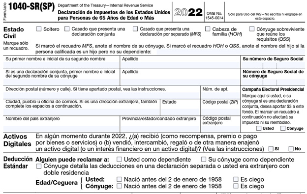 Formulario 1040-SR del IRS ejemplo uno