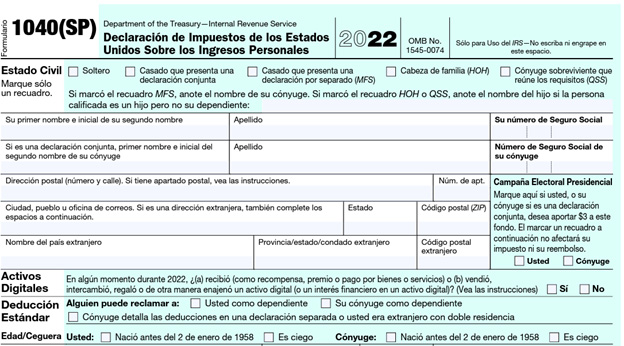 Formulario 1040-SR del IRS ejemplo dos