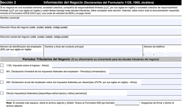 Ejemplo de la sección 2 del formulario 656B