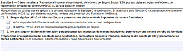 Ejemplo de sección B del formulario irs 14039