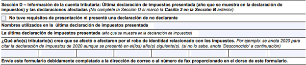 ejemplo del formulario irs 14039 sección D