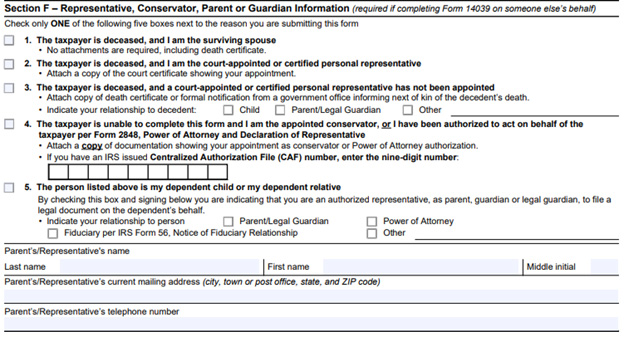 irs form 14039 section F example