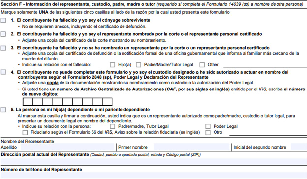 ejemplo del formulario irs 14039 sección F