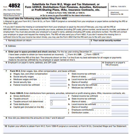 irs form 4852 example