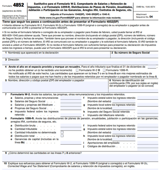 ejemplo del formulario irs 4852