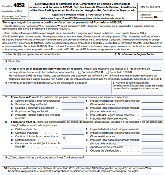 ejemplo del formulario irs 4852