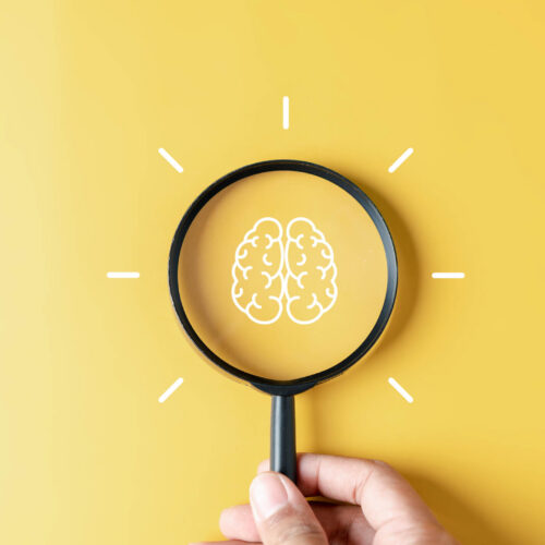 brain and magnifying glass
